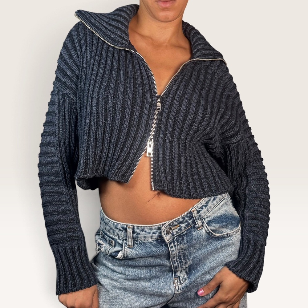 BDG Chad Cropped Foldover Collar Cardigan Navy XS EUC Double ZIp Y2K Minimalist
